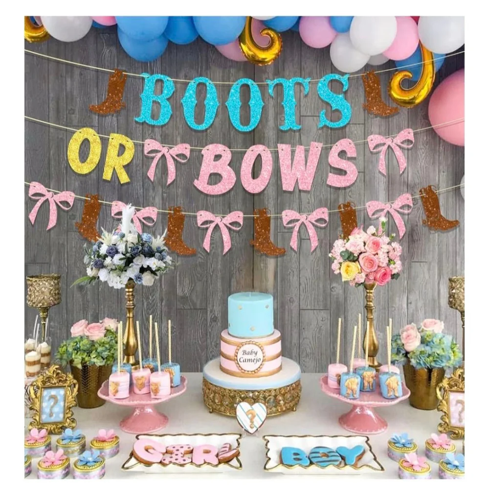 Boots or Bows Gender Reveal Party Decorations Banner and Table Cloths Brown Pink